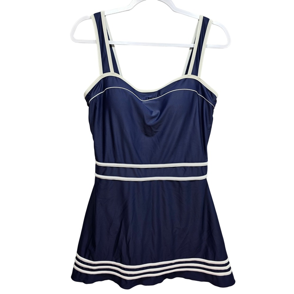 Shore Shapes Swimdress One Piece Swimsuit Sz 14 White Blue Nautical Swim Sailor